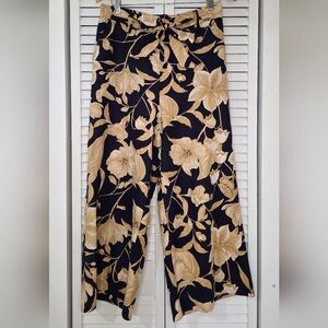 JOIE BohoChic Linen Blend Blue Navy &  Tan Floral Wide Leg Tie-Front Pants US 8